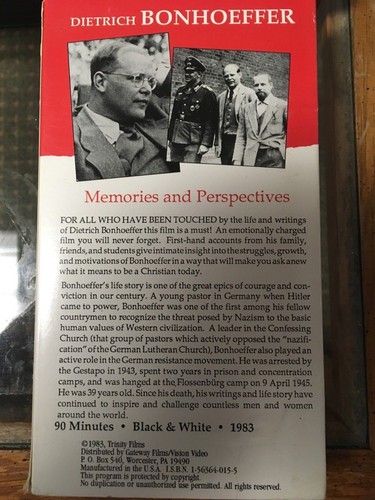 Dietrich Bonhoeffer Memories and Perspectives VHS The Life Story Anti Nazi Pasto - Picture 2 of 2