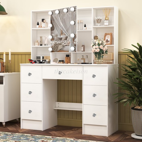 Makeup Vanity Desk Dressing Table with Large Mirror and LED Light 7 Drawers - Picture 9 of 13