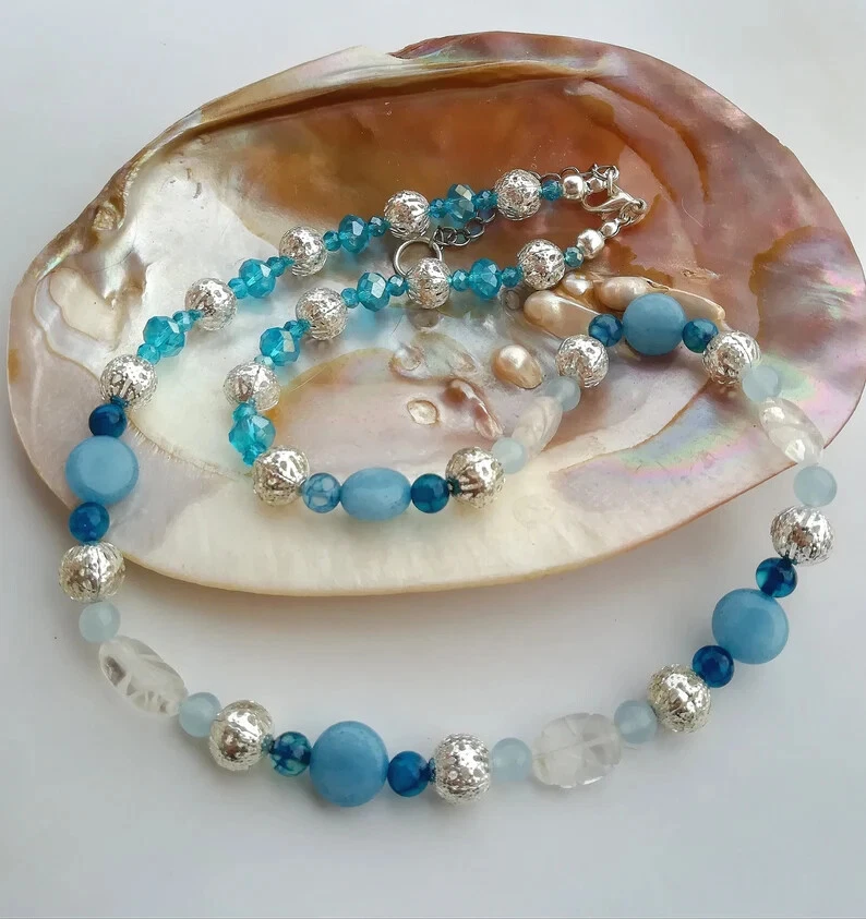 COLLANA ACQUAMARINA NATURALE, TOPAZIO AZZURRO, AGATA BLU E FILIGRANA D'ARGENTO - Immagine 2 di 4