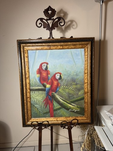 M. Chapot Original Oil Painting TWO SCARLET MACAWS Parrots Birds Framed Signed