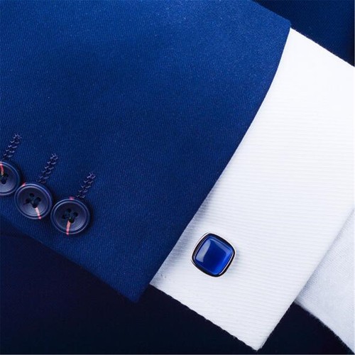 MEN'S SILVER BRASS CUFFLINKS BLUE OPAL DESIGN MENS WEDDING CUFF LINKS - Picture 5 of 8