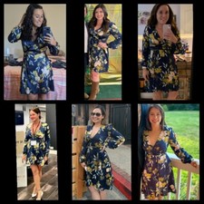 LARGE New Lulus Navy Blue Floral Print Satin True Wrap Short Dress long sleeve 