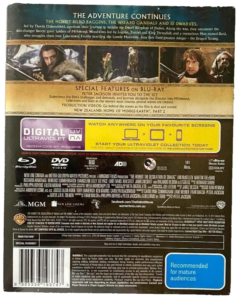 The Hobbit: The Desolation of Smaug Steelbook Slipcase Blu–Ray DVD – Sealed - Image 2 of 2
