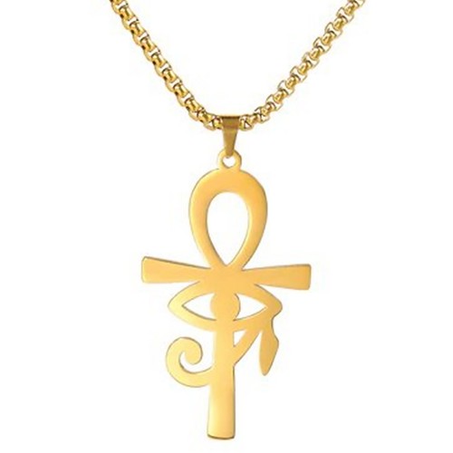 Egyptian Ankh Necklace Gold Stainless Steel Eye of Ra Aunk Amulet & Chain - Picture 3 of 4