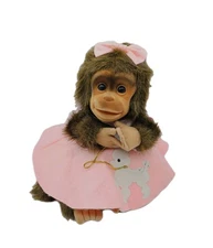 Vintage 1990's Baby Girl Chimpanzee Monkey Puppet Plush In Poodle Skirt Hosung