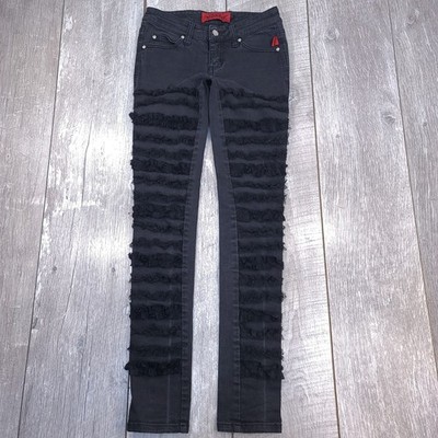 Tripp NYC Skinny Jeans Women Size 3 Black Ruffle Lace Front Skull Rivet Goth