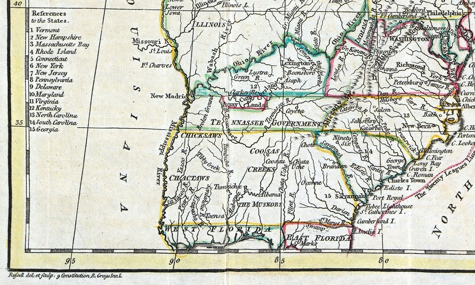 Mapa John Russell 1795 Estados Unidos América Washington MI VA NY ME TN SC NC NJ Foto 4 de 4