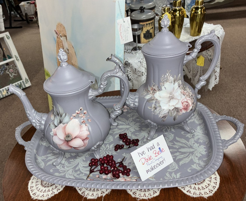 Vintage Painted grey floral silver plated coffee/tea set with tray