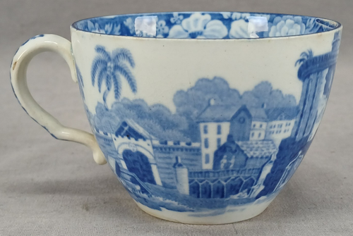 British Ancient Ruins Blue Transferware Pearlware Teetasse um 1810-1815