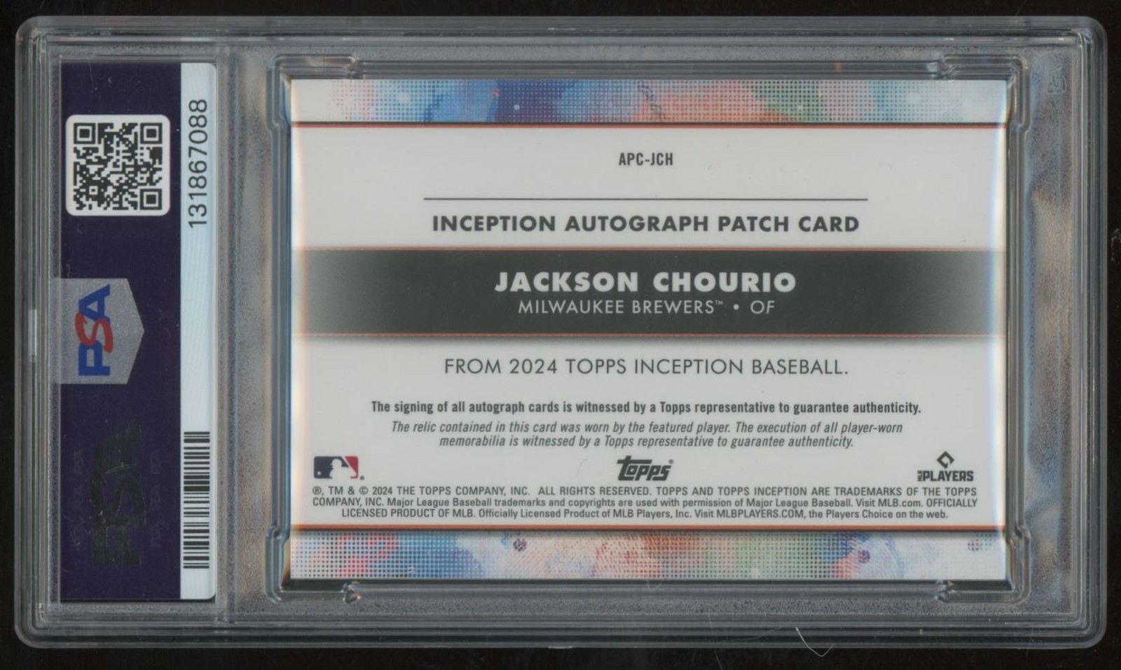 JACKSON CHOURIO 2024 TOPPS INCEPTION PATCH AUTO /200 RC PSA 10 view 2