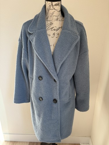 BTFBM Blue Sherpa Teddy Coat Women’s Large Double Breasted Fuzzy Jacket - Picture 2 of 11