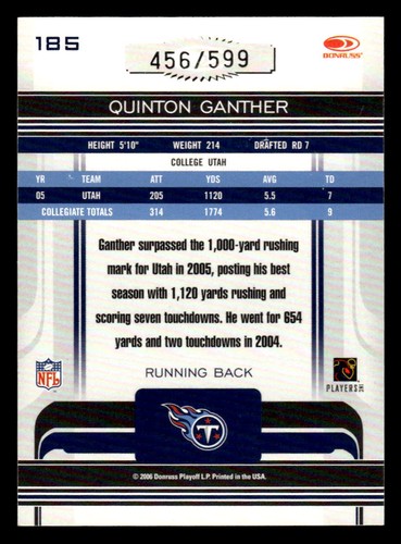 2006 Donruss Gridiron Gear #185 Quinton Ganther Rookie SP #d /599! TITANS - Picture 2 of 2