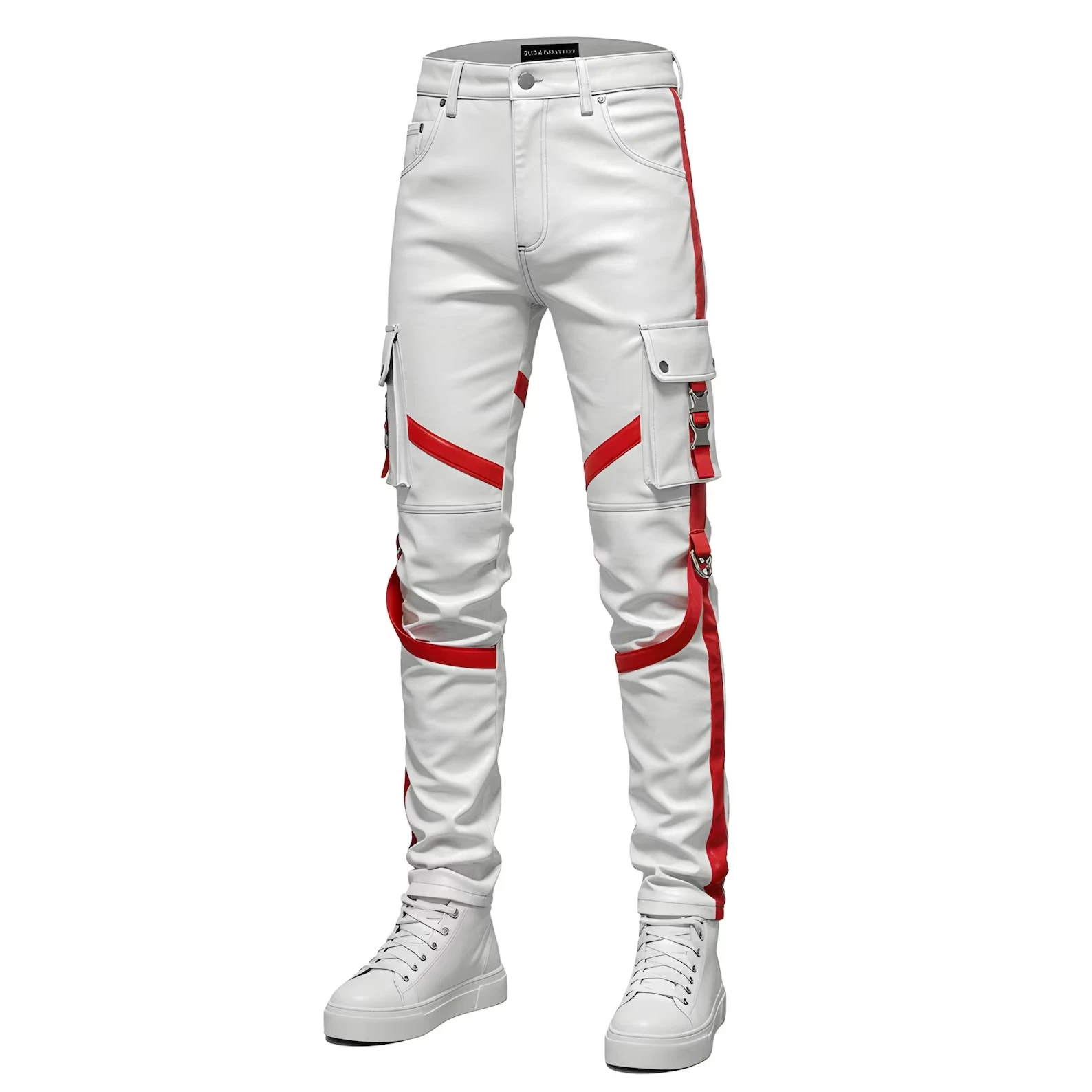 Handmade Guniene White & Red Leather Biker Pants: Slim Fit Gothic Biker Style