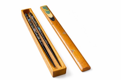 Vintage Japanese Chopsticks Black Lacquer MOP Inlay Set Teal Box