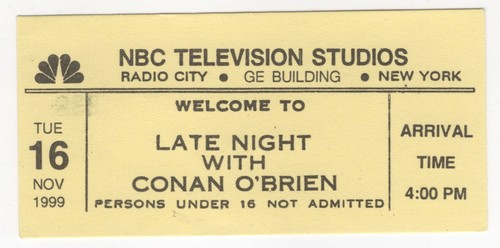 RARE Late Night With Conan O'Brien 11/16/99 NBC Studios Ticket! DAVID BOWIE