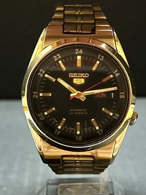 Authentic SEIKO 5 Automatic Day Date Vintage Mens Watch 7S2602C0 36mm Black Gold