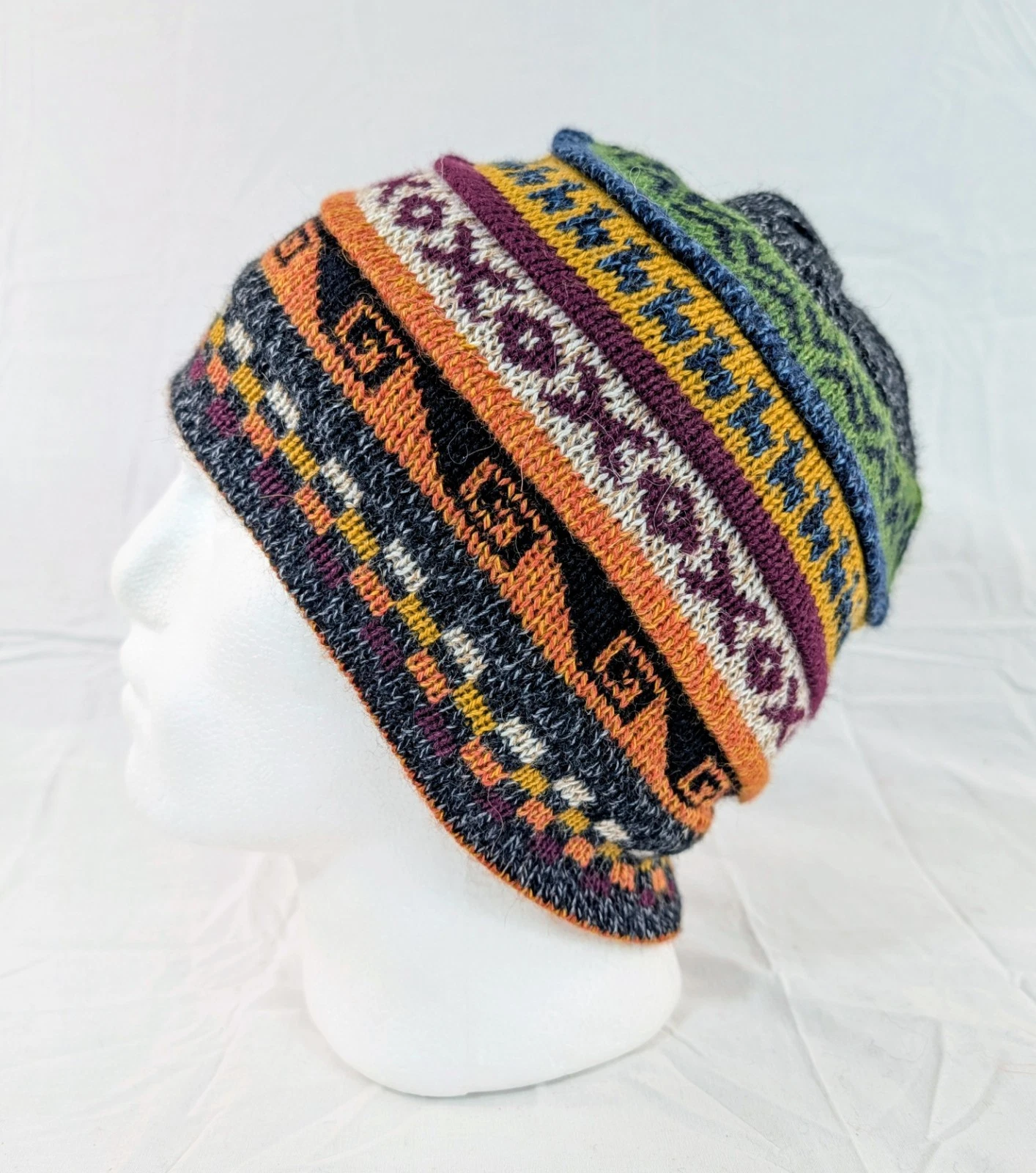 Soft Baby Alpaca Beanie Reversible Black Orange Unisex Colorful Boho Llama Peru