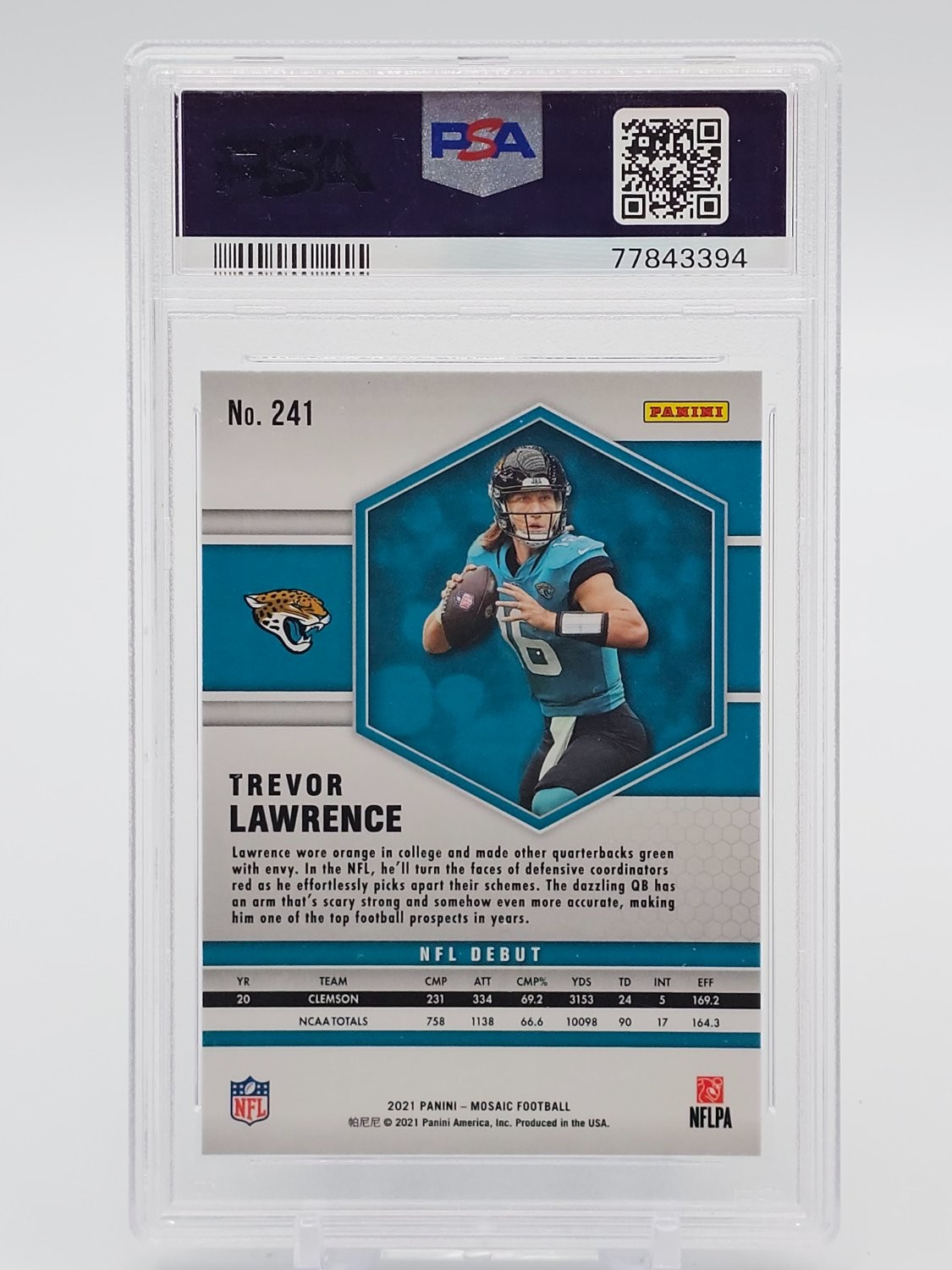 TREVOR LAWRENCE 2021 PANINI MOSAIC NFL DEBUT ROOKIE RC #241 PSA 10 B Q8094 view 2