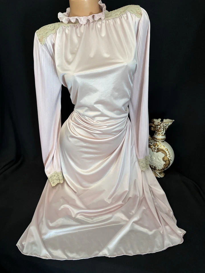 Vtg Silky Shiny Pink Long Dress Crystal Pleat Frilly Lace Gown Nightie Nightgown - Image 2 of 4