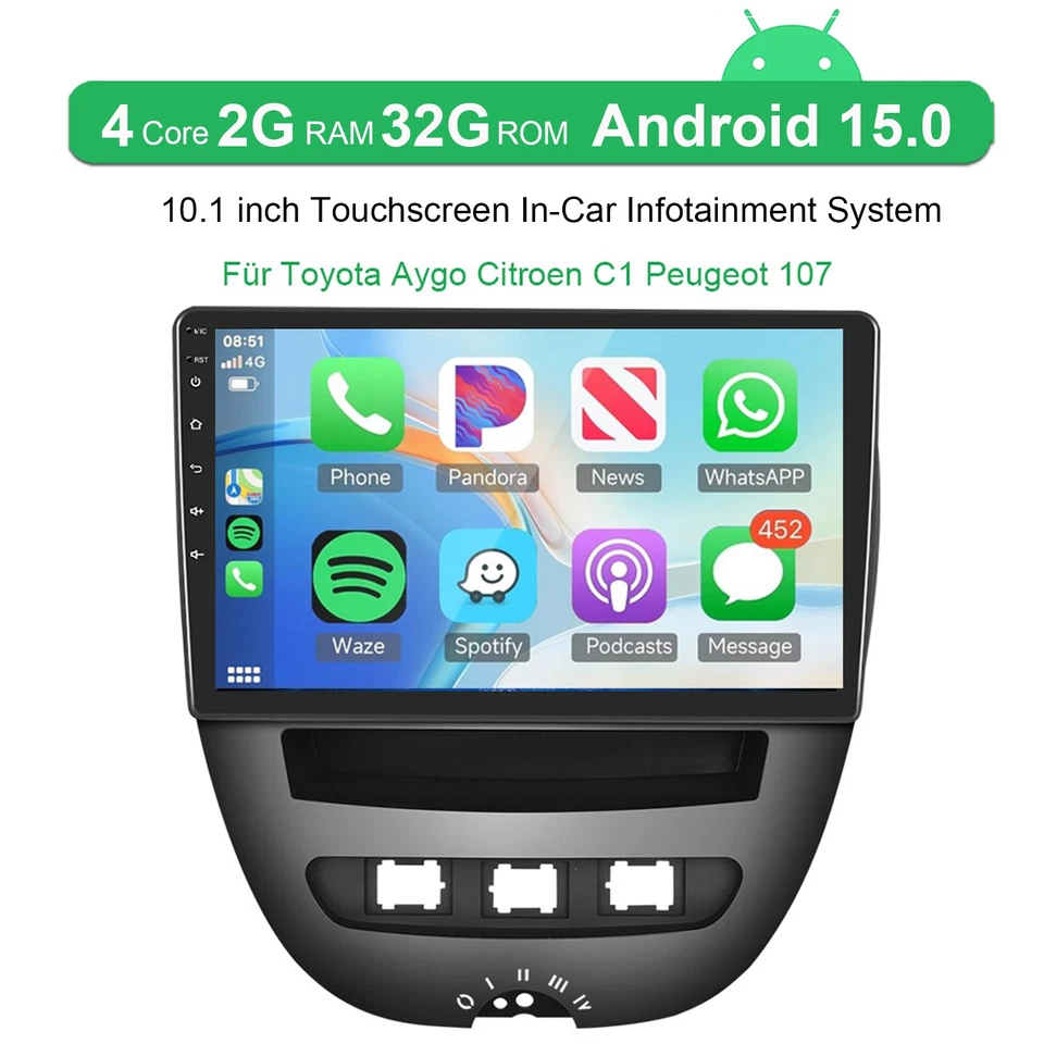 Für Toyota Aygo Citroen C1 Peugeot 107 Autoradio Android 15 GPS Navi WiFi BT RDS - Bild 2 von 4