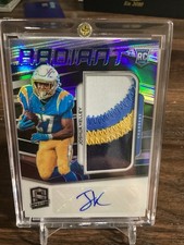 Joshua Kelley Rookie Radiant Autographed 4-Color Patch Prizm Football Card.18/99. rookie card picture