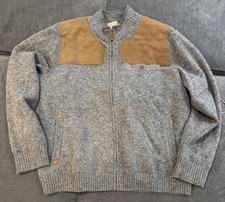 Duluth Trading Gray Shetland Wool Sweater Size XL Zip Up Brown Patch Zip Up