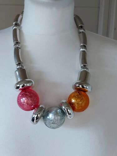 Huge Chunky Silvertone Beaded Necklace Fun Atomic Pink Orange Metallic Robot - Picture 5 of 11