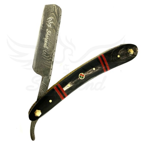 Navaja de afeitar recta corte garganta peluquero salón de acero de Damasco cuerno vintage - Imagen 7 de 12