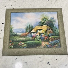 Oil On Panel Framed Painting English Cottage Thatch Garden Signed Franklin Vtg