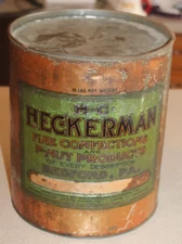Antique H.C. HECKERMAN Peanut Tin Can 15 lb 1920s w Lid Fine Confection Canister