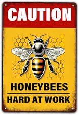 Caution Honeybees Hard At Work Metal Tin Sign,Honey Bee Wall Art Iron Poster Pai