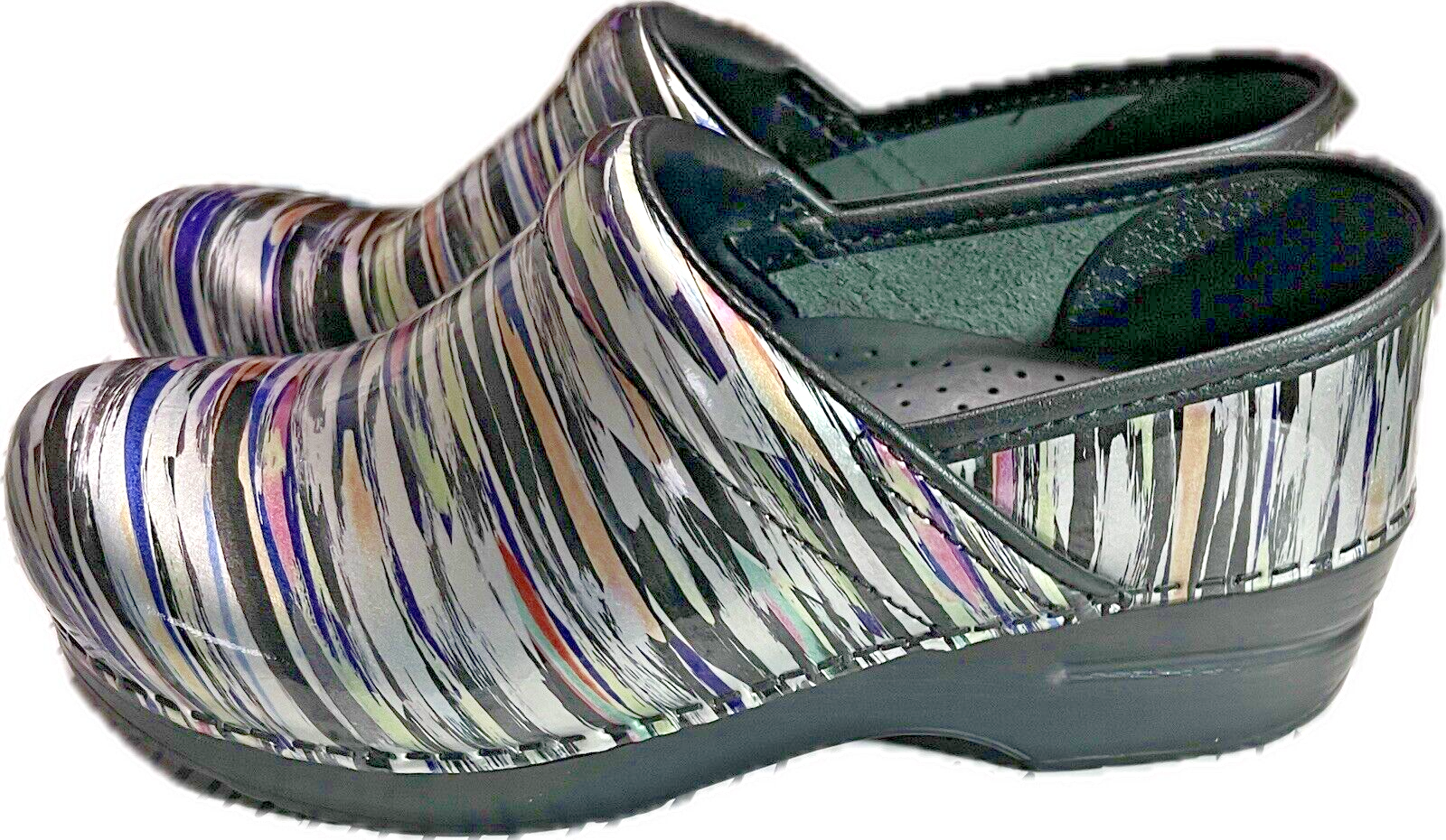 Dansko Women’s Patent Leather Clogs Size 7 Multi Color Metallic Stripe-image
