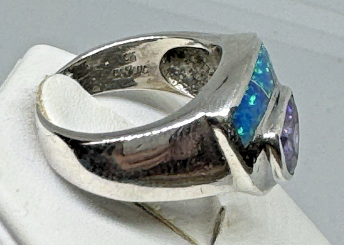 Vintage Designer Havana Tanzanite Opal Ring 925 Silver Modernist Size 7 - Picture 4 of 4