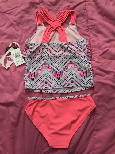 NWT Size 10 Girl Swimsuit Tankini Pink White Ikat Two Piece Glitter Beach - Picture 2 of 3