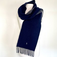 Polo Ralph Lauren Scarf Mens Navy Gray Wool Reversible Pony Made In Italy 76x10  