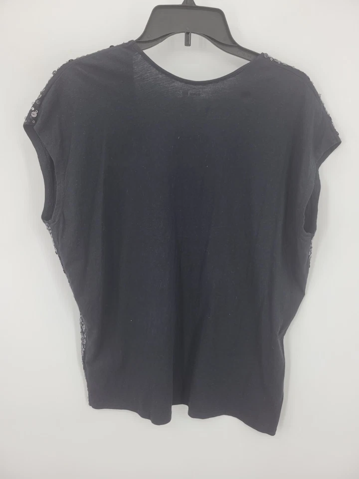 石榴石山上衣女式中号黑色亮片混合媒体短袖 V 领 — 第 2/4 张图片