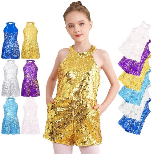 Kids Girls Jumpsuit Halter Neck Romper Stage Performance Dancewear Sparkly