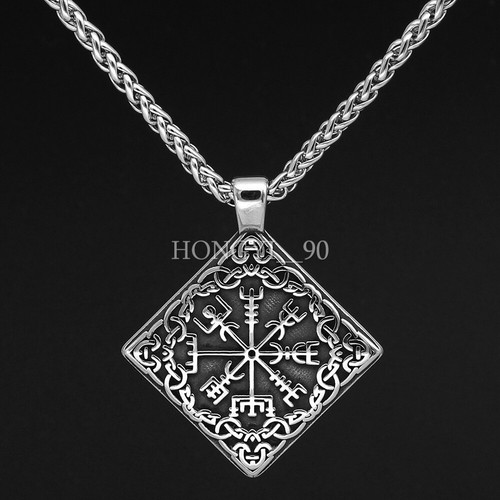 Men's Nordic Viking Stainless Steel Compass Rune Square Pendant Necklace Gift - Picture 5 of 7