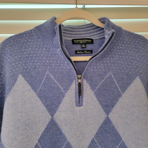 Fairway & Greene Italian Merino Wool 1/4 Zip Argyle Sweater Medium Lined Golf - Picture 3 of 6