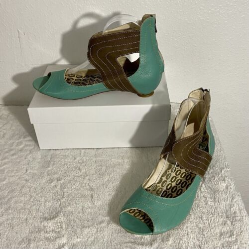 Fly London “Lent” Sandal Women’s Size 39 EU (US 8-8.5) Aqua Green/Brown Open-Toe