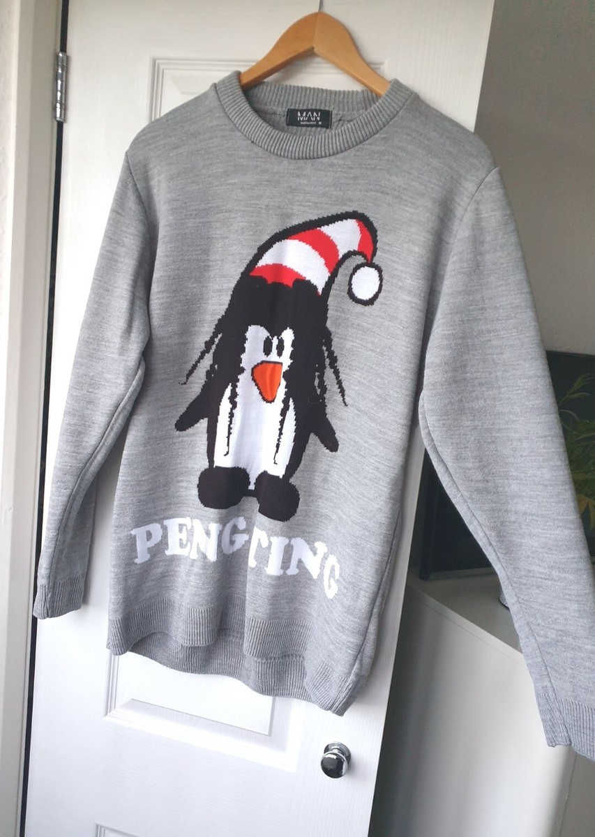 Boohoo Mens grey penguin Christmas xmas Penting Jumper size M - Main Image