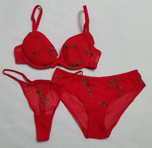 Damen Unterwäsche Set (3-teilig) - Gr.70B + 34 -H&M - Rot mit Stickerei - Bild 2 von 11