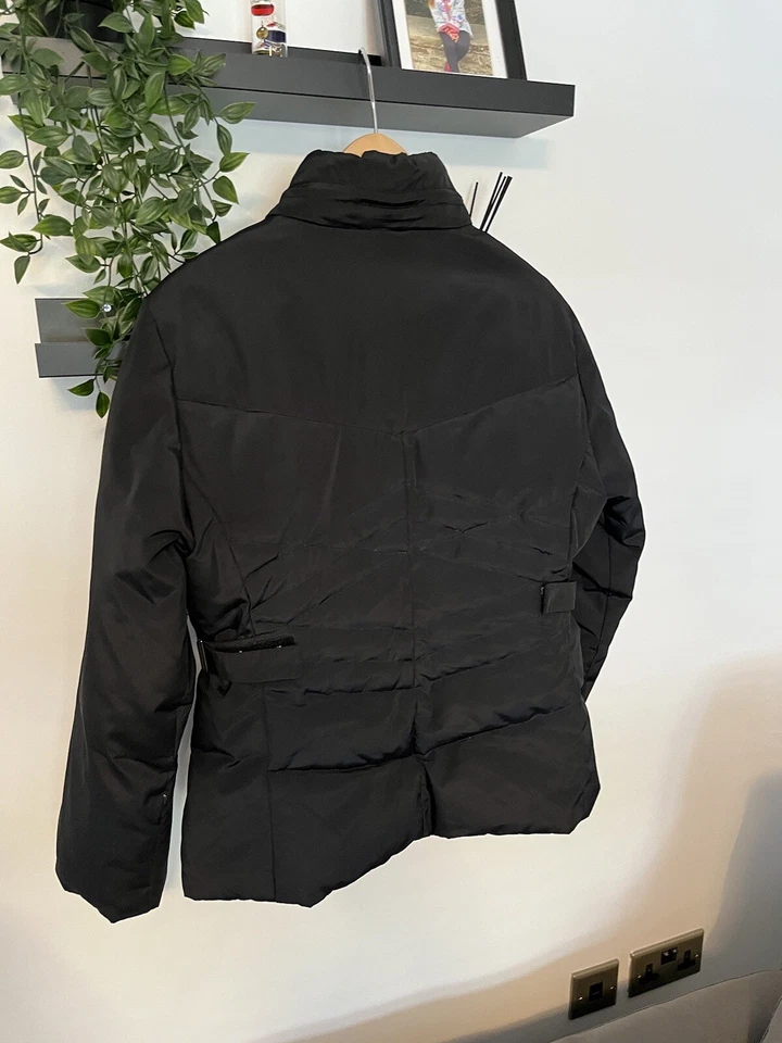 Casaco feminino tamanho 12 AnneKlein preto feminino pena capuz de pele sintética zíper completo - Imagem 4 de 4