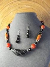 Black Sardonyx and Banded Carnelian Handmade Gemstone Necklace Set, Silver Plate