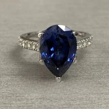 Natural sapphire Diamond engagement Ring in 4.35Ct Pear Cut 14K White Gold