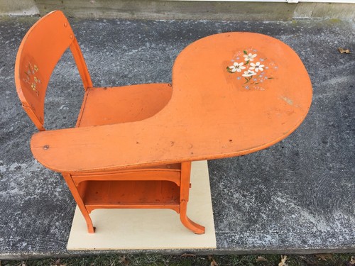Vintage School Desk, Top & Back Rest are Wood, Frame is All Metal Orange Color - Picture 3 of 12