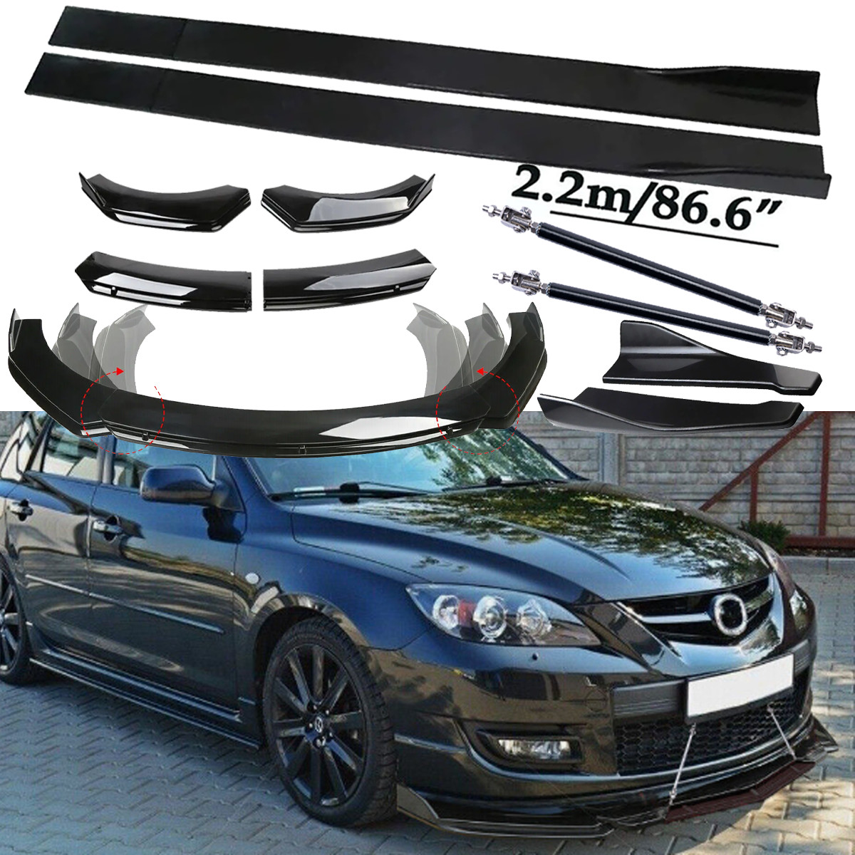 For Mazda 3 Hatchback Front Bumper Lip Spoiler Side+Skirts Rear Glossy+Black