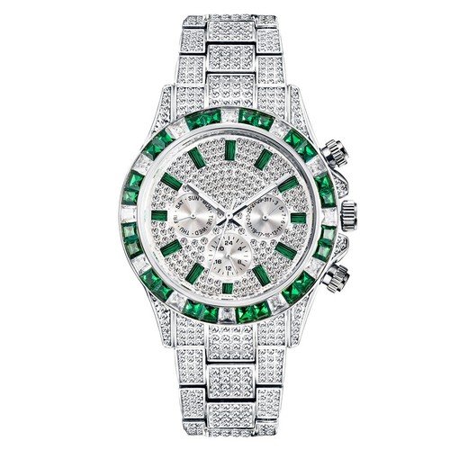 Reloj de lujo de diamantes verdes helados para hombre - Reloj pavé completo Hip-Hop Bling - Imagen 17 de 28