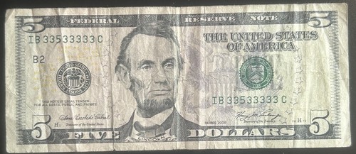 (NEAR SOLID!) $5 Binary Near Solid 7 Of A Kind Fancy Serial Number IB33533333C - Picture 2 of 4