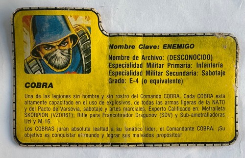 SOLDATINO GI JOE COBRA CON CARTELLINO COMPLETO PLASTIRAMA ARGENTINA ANNI 80 - Foto 9 di 10